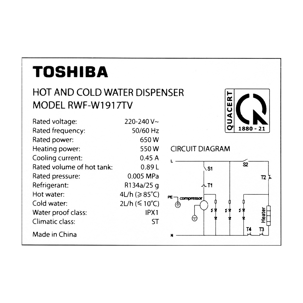 Cây nước nóng lạnh Toshiba RWF-W1917TV(K) - Công suất 650W - Hàng chính hãng - Bảo hành 12 tháng