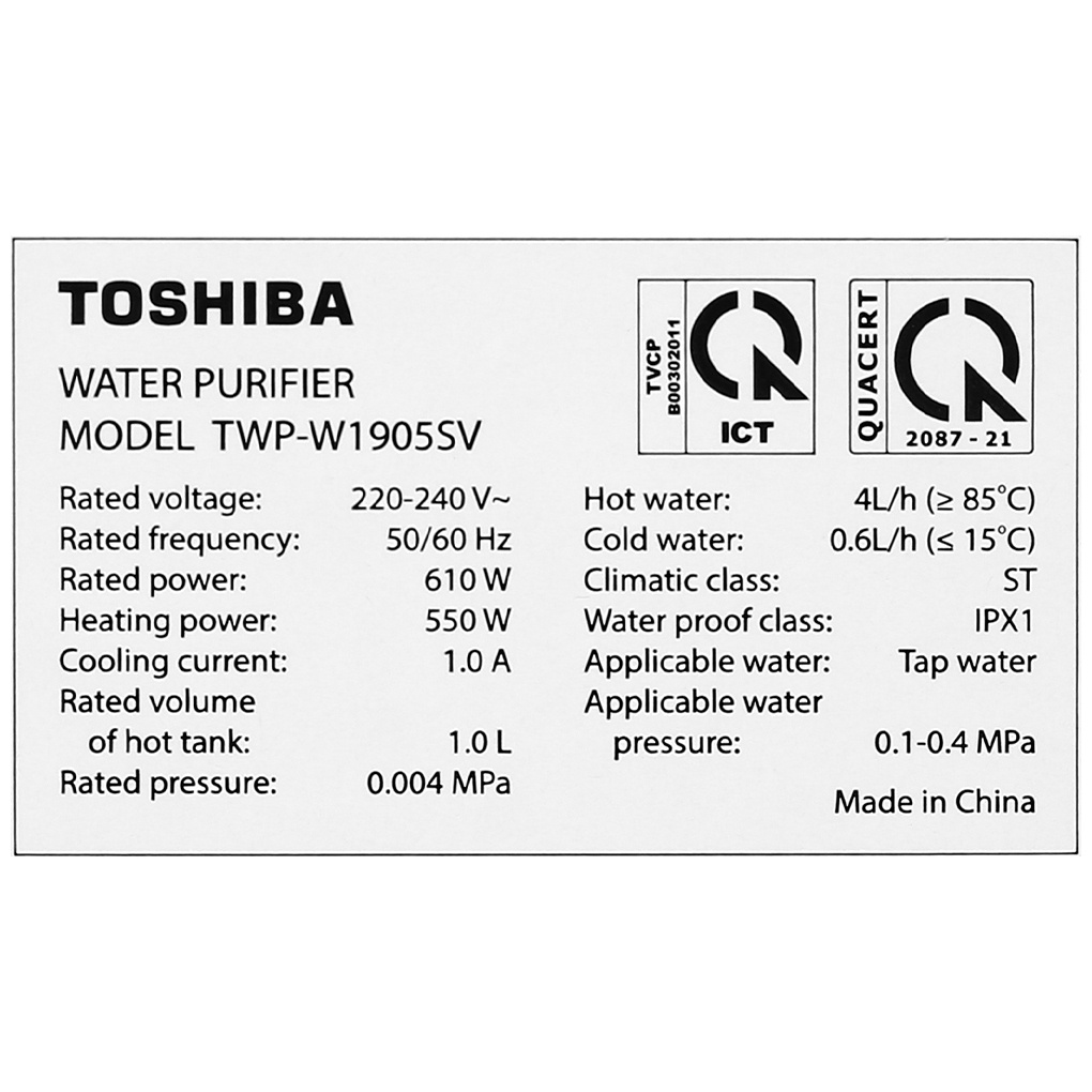 Máy lọc nước nóng lạnh RO Toshiba TWP-W1905SV(MB) - Dung tích bình chức nước 8L - Hàng chính hãng - Bảo hành 12 tháng