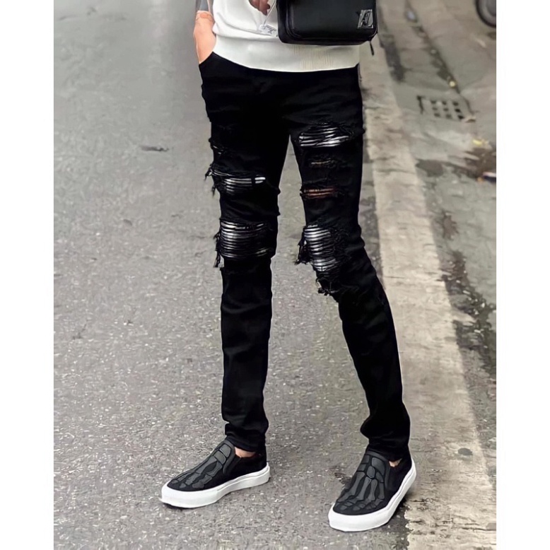 Quần JEAN Nam 4 Khuy Amiri Đen Vá Gối Kim Tuyến Quần Skinny Jean Nam Rách Gối Da Đen Vá Gối Họa Tiết Hot