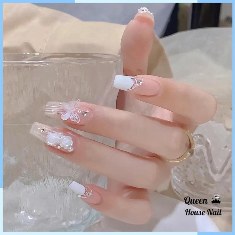 Móng tay giả đính đá kèo keo, Nail xinh, Nailbox cô dâu màu trắng hồng, Móng tay giả dài nhọn đẹp Queen