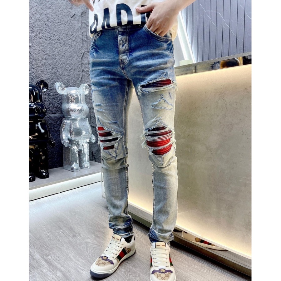 Quần AMIRI Like_AU Xanh Khói Gối Đỏ 4 Cúc Quần Jeans Nam Slimfit Wash Amiri màu xanh loang chất co dãn 4 chiều