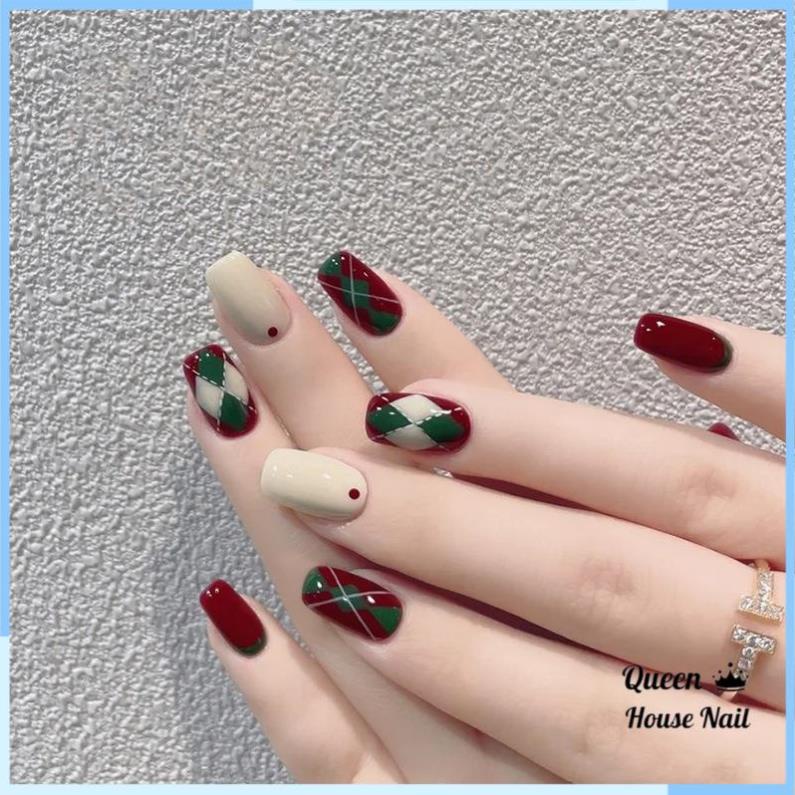 Set 24 móng tay giả ngắn màu đỏ đẹp đơn giản LK13375, Nail xinh, Mẫu nail đẹp dễ thương đi học đi là