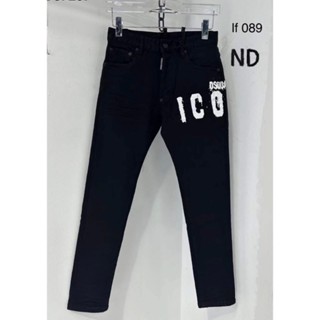 Quần jean bò nam Dsq2 đen trơn in chữ ICON trắng ngang đùi dáng slimfit đơn giản đi học boy phố