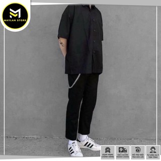 Áo sơ mi nam đen tay ngắn form rộng chất vải lụa unisex nam nữ MAYLANSTORE