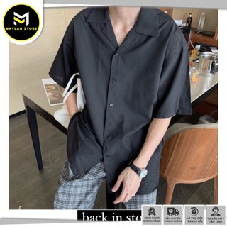 Áo sơ mi Đen Cổ Vest ngắn tay form rộng unisex nam nữ vải lụa