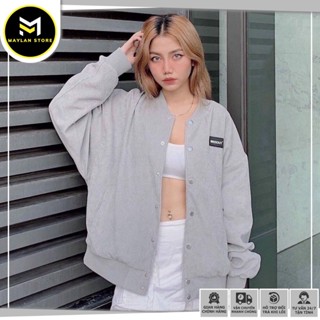 Áo khoác bomber Missout XÁM  unisex nam nữ form rộng - vải nhung gân dày dặn khoác ngoài có túi trong mùa thu