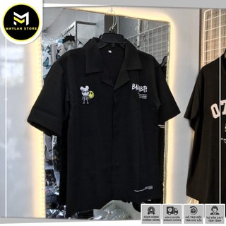 Áo sơ mi nam tay ngắn thêu hình chất vải lụa mềm rũ thoáng mát form rộng unisex - MAYLANSTORE
