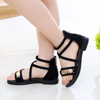  Giày sandal nữ đế bệt quai ngang kết khóa thẻ tròn dây kéo gót - DB004 