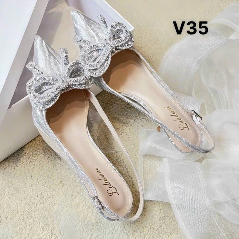 Giày cao gót ánh bạc nơ đá gót nhọn 7cm dự tiệc