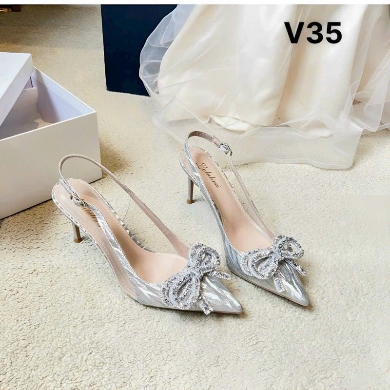Giày cao gót ánh bạc nơ đá gót nhọn 7cm dự tiệc