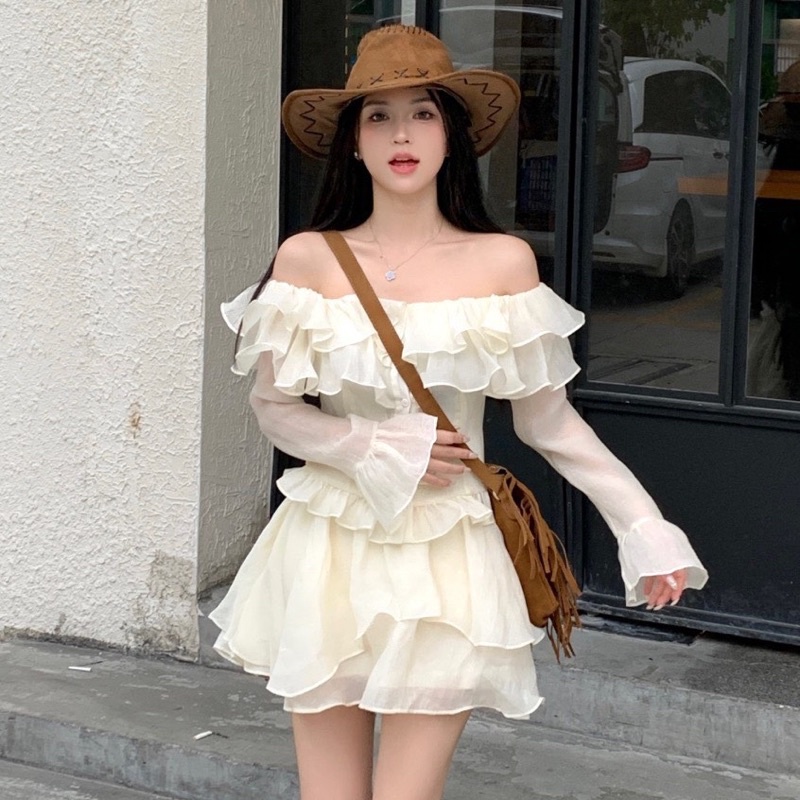 Set áo trễ vai bèo chiết eo và chân váy 2 tầng bigsize từ 50-100kg