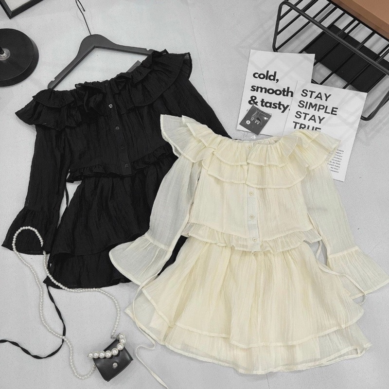 Set áo trễ vai bèo chiết eo và chân váy 2 tầng bigsize từ 50-100kg