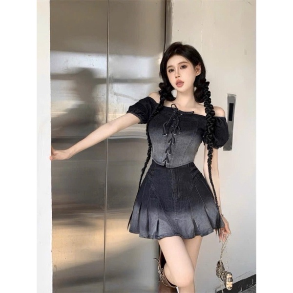 Set jean đan dây nơ chân váy bigsize từ 50-100kg