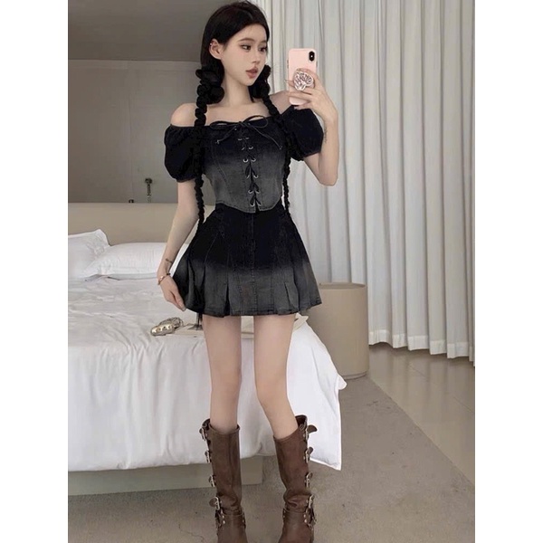 Set jean đan dây nơ chân váy bigsize từ 50-100kg