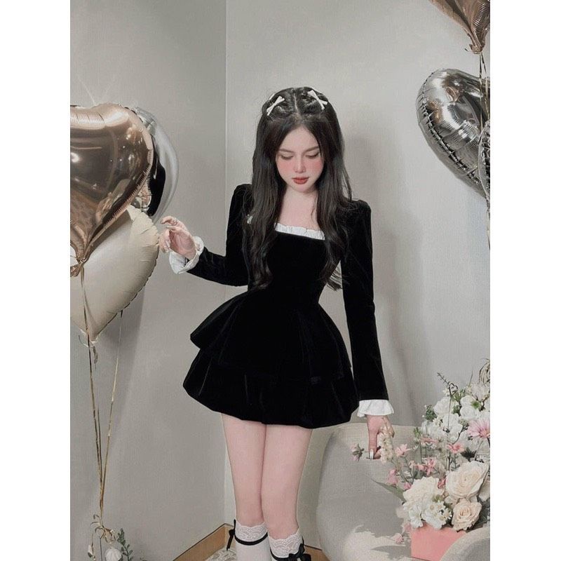 Áo nhung viền trắng dáng pelum tiểu thư siêu tôn dáng