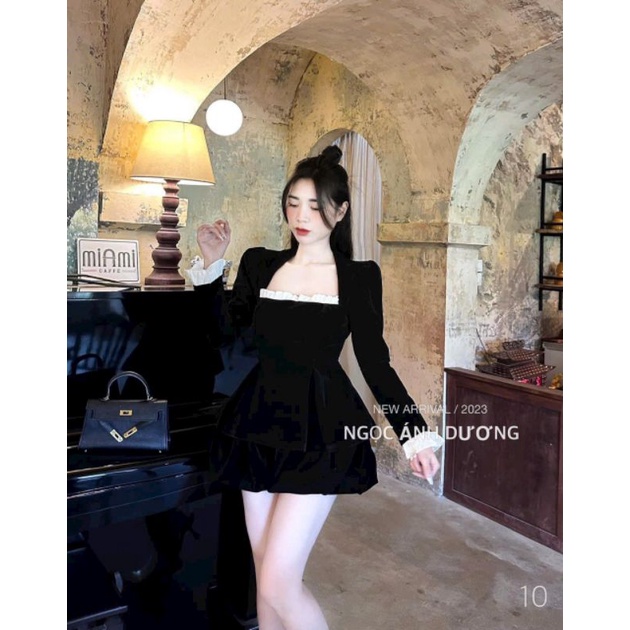 Áo nhung viền trắng dáng pelum tiểu thư siêu tôn dáng