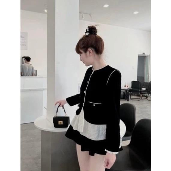 Set Áo Bbd Nhung Đen Viền Kem Bèo Kem Tay Dài + Chân Váy Nhung Đen