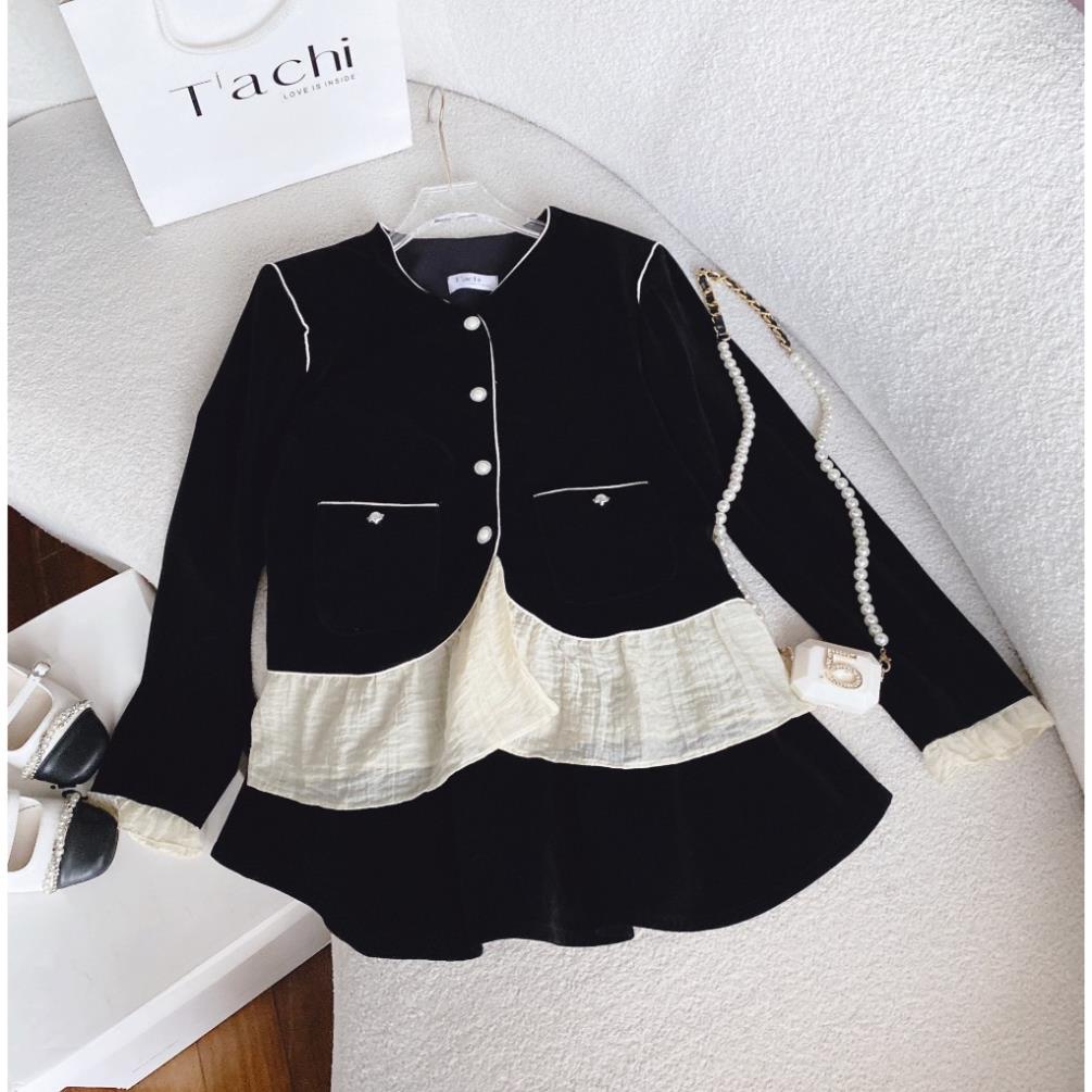 Set Áo Bbd Nhung Đen Viền Kem Bèo Kem Tay Dài + Chân Váy Nhung Đen