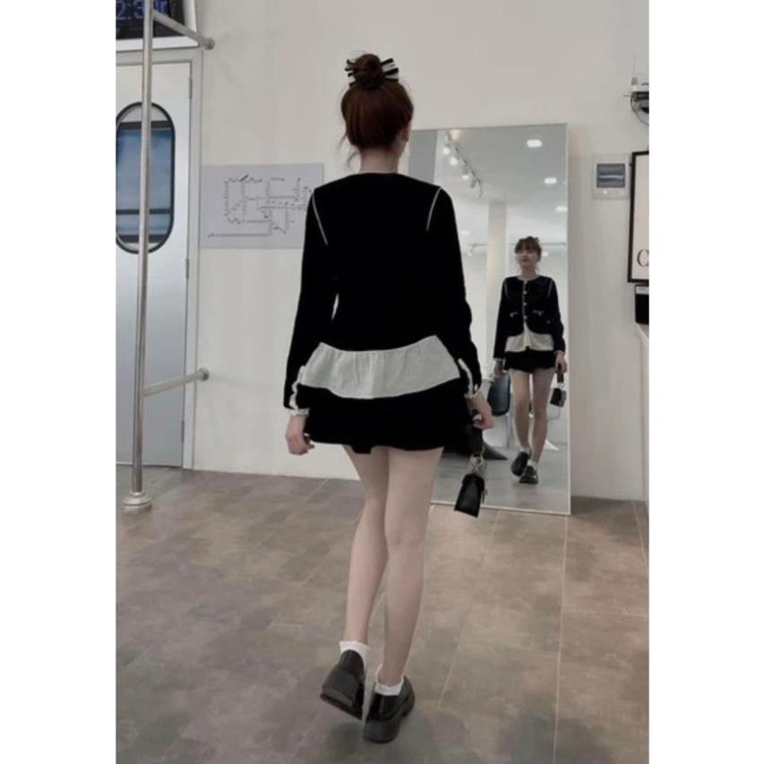 Set Áo Bbd Nhung Đen Viền Kem Bèo Kem Tay Dài + Chân Váy Nhung Đen