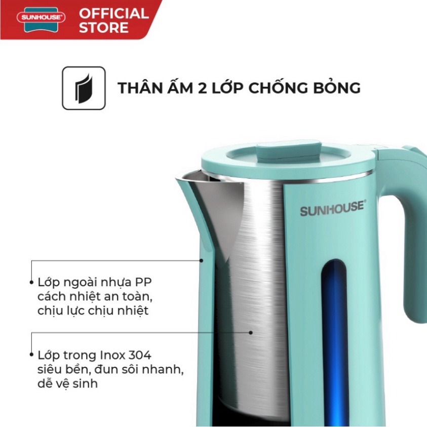 Ấm siêu tốc inox 2 lớp Sunhouse SHD1351 dung tích 1.8 lít.