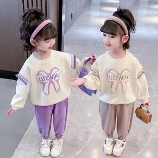 (13kg-35kg)Bộ đồ cotton dài tay 2 màu in nơ cho bé gái, set đồ dài tay mặc mùa thu đông trẻ em