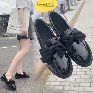 Giày đốc nữ hoa nơ cách điệu da bóng, da lì đế 3cm giày doctor