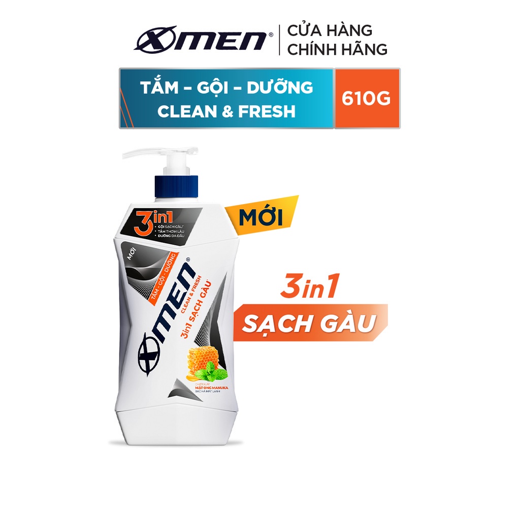 Tắm Gội Dưỡng Xmen Clean & Fresh 3in1 Sạch Gàu 610g