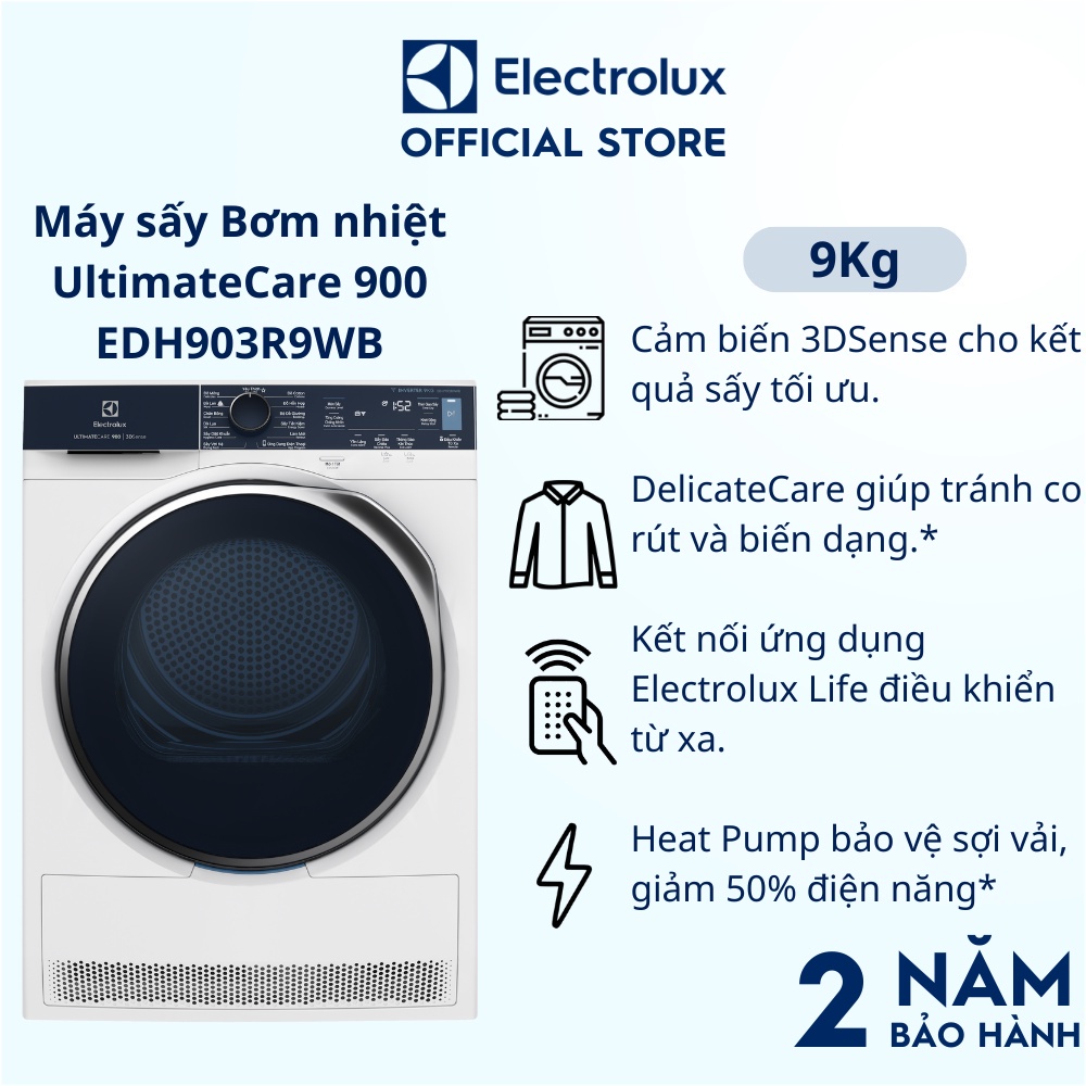 Máy sấy bơm nhiệt Electrolux Heat Pump 9kg UltimateCare 900 - EDH903R9WB - Miễn Phí Lắp Đặt