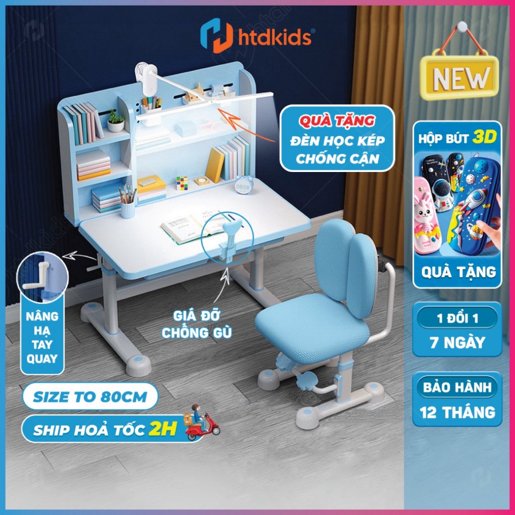 Bộ bàn ghế chống gù HTDkids M8 học sinh tiểu học cao cấp điều chỉnh chiều cao, góc nghiêng mặt bàn, giá sách tiện lợi