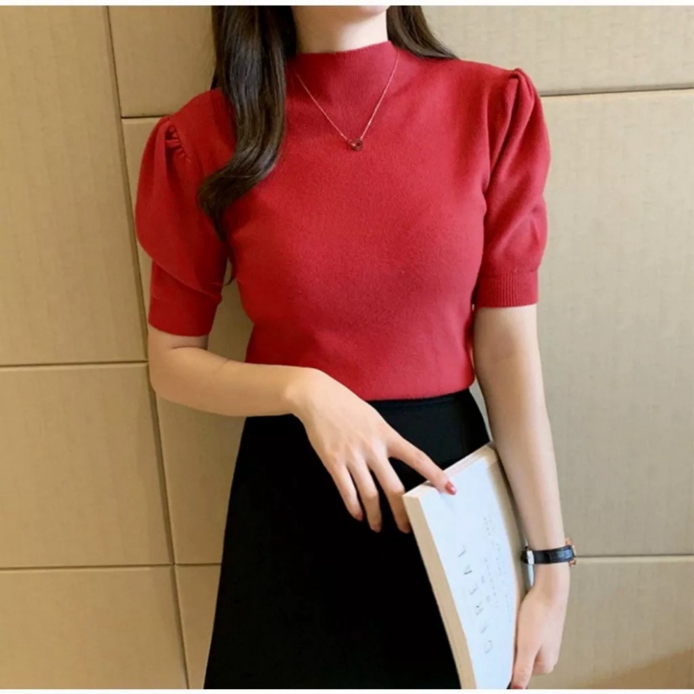 Áo len nữ tay bồng sang trọng lông thỏ mỏng cổ lọ ngắn tay kiểu nữ Hàn quốc cao cấp Haianh1014store, Free size 40 - 63kg