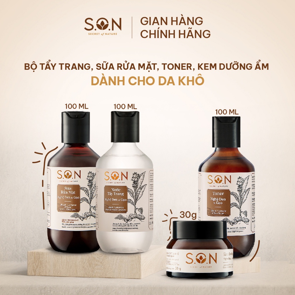 Combo bộ sản phẩm dành cho da khô gồm nước tẩy trang, sữa rửa mặt, toner, kem dưỡng ẩm