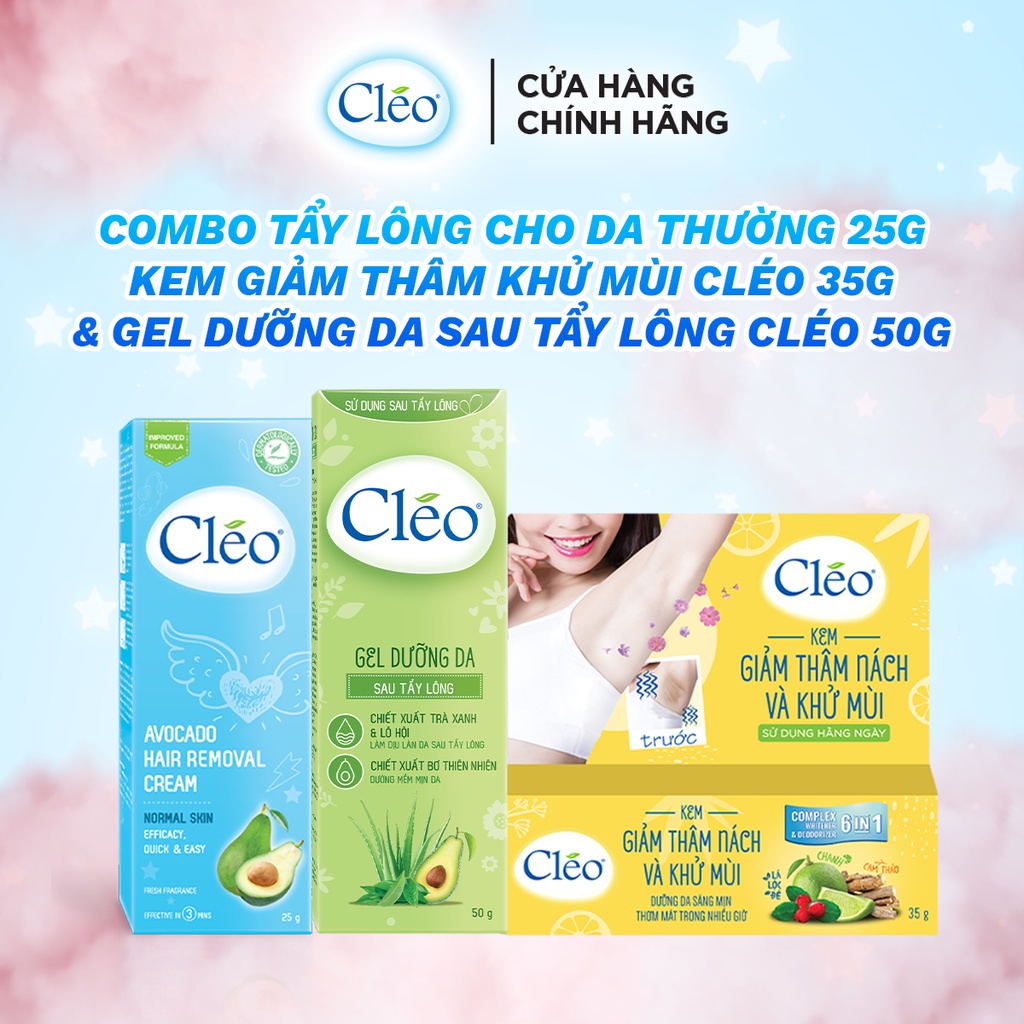 Bộ Tẩy lông nách chuyên sâu Cleo gồm kem tẩy lông da thường 25g, gel dịu da 50g và kem giảm thâm nách khử mùi 35g