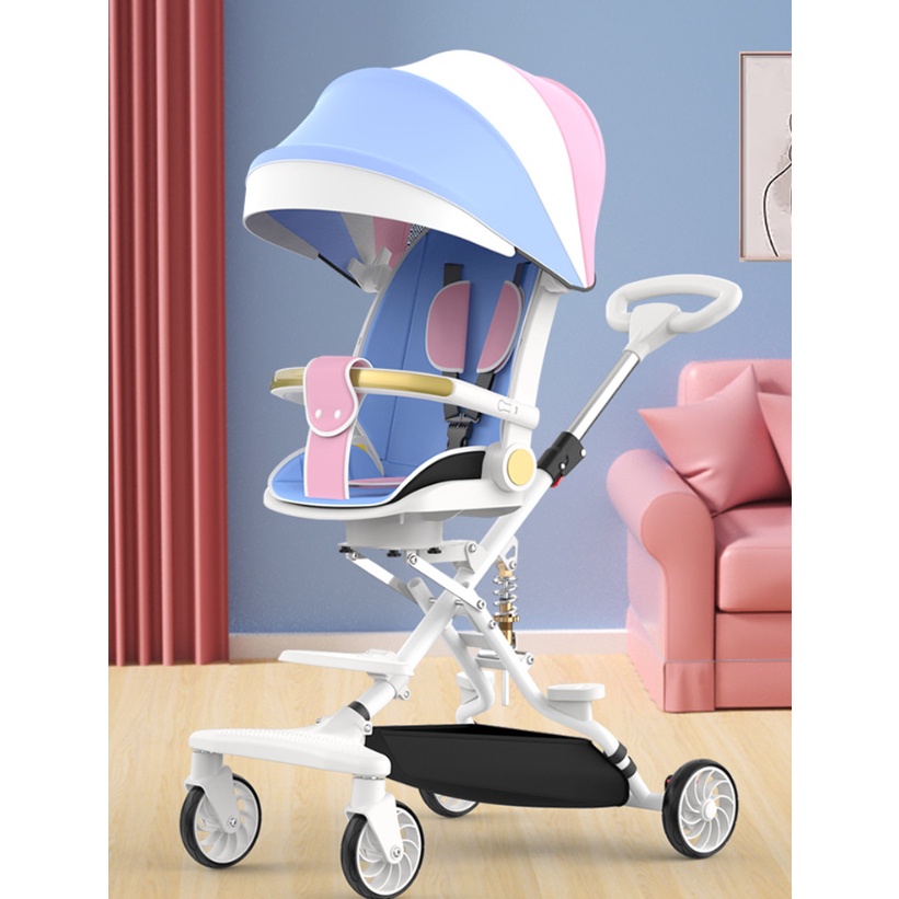 Xe đẩy 2 chiều có mái che và khung bảo, Xe đẩy thông minh gấp gọn - Bảo hành chính hãng 2 năm