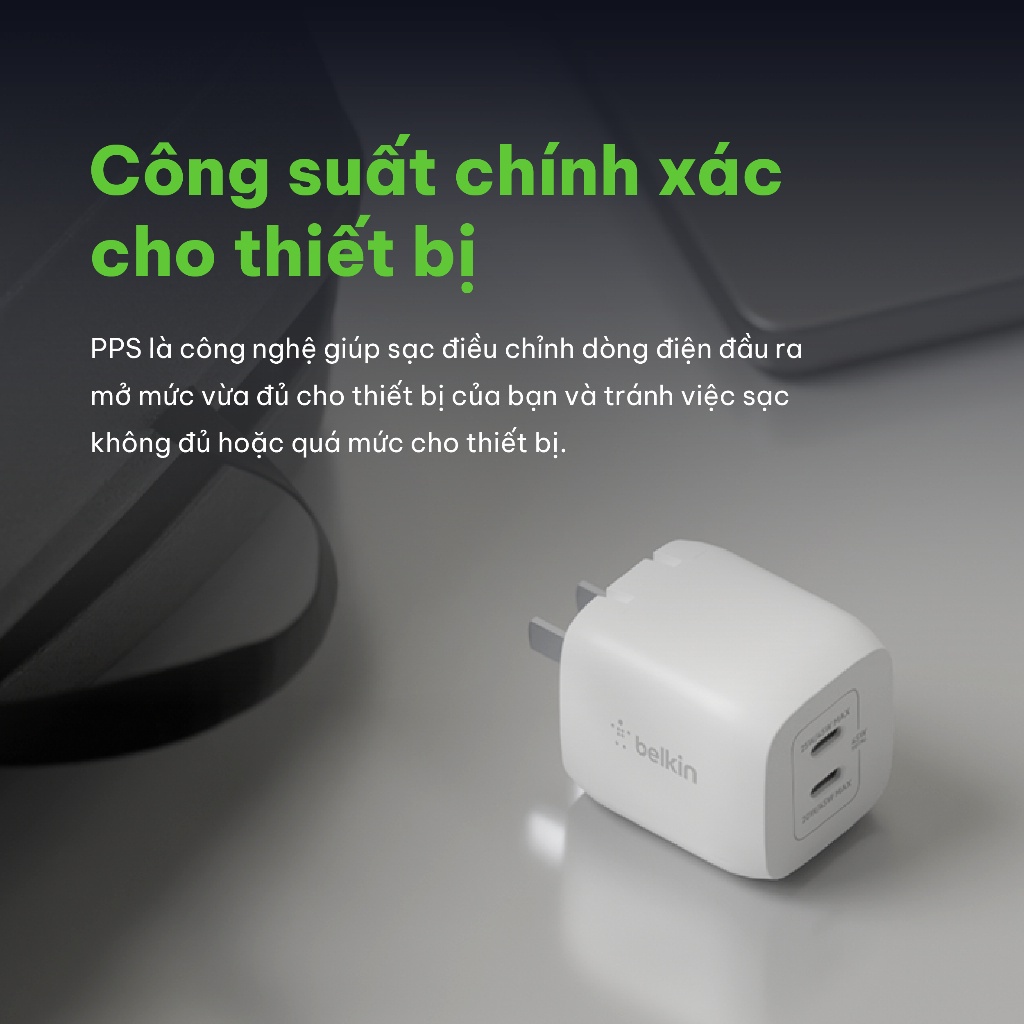 Sạc BOOST↑CHARGE PRO GaN Belkin 45W - 2 cổng USB-C PD 3.0 PPS - Hàng chính hãng - WCH011dqWH