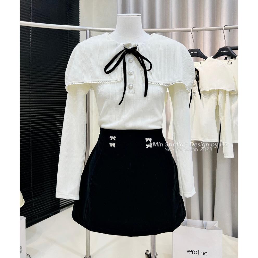 Set Váy Nữ Áo Tiểu Thư Dài Tay Đính Ngọc Gắn Nơ Đen Kèm Chân Váy Chữ A Tacta Dày Dặn