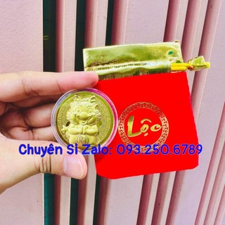 Xu lá vàng rồng thần tài may mắn + túi gấm phúc lộc