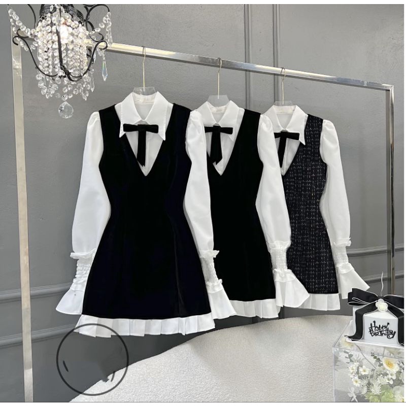 Set 2 món áo sơ mi + yếm xếp li nhung - bố