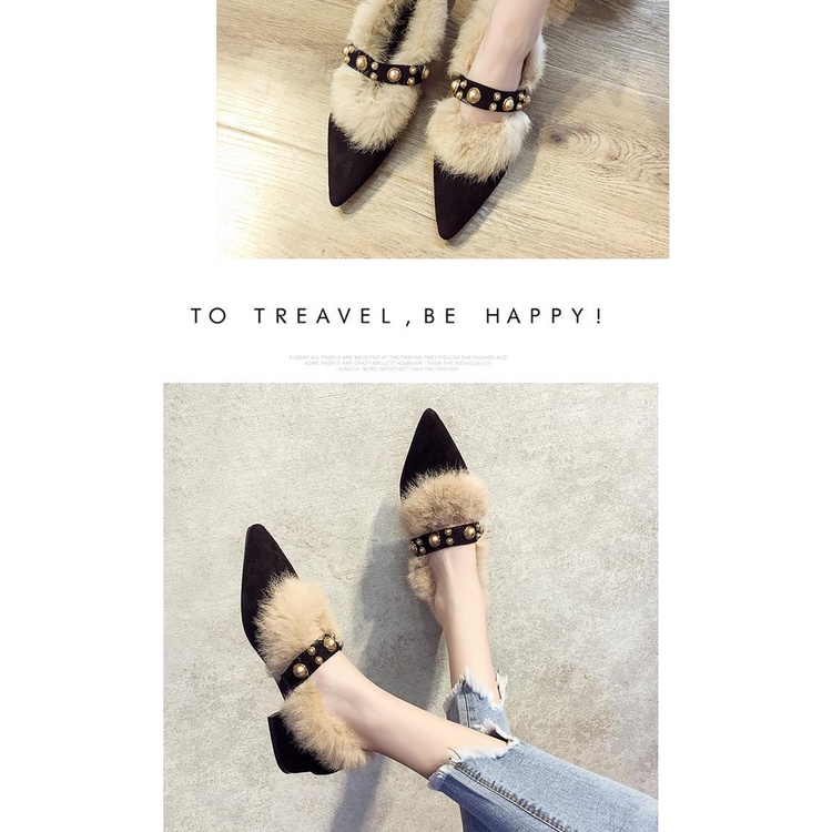 Giày Cao Gót Mũi Nhọn Gót Dày Phối Lông Nhung Thời Trang Thu Đông Hàng Mới 2023 Dành Cho Bạn Nữ