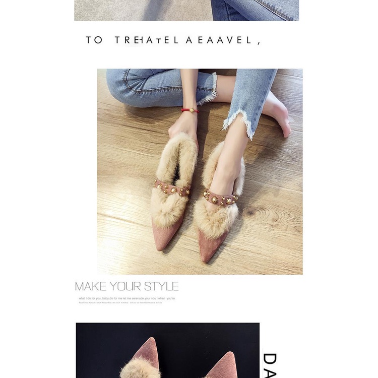 Giày Cao Gót Mũi Nhọn Gót Dày Phối Lông Nhung Thời Trang Thu Đông Hàng Mới 2023 Dành Cho Bạn Nữ