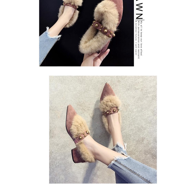 Giày Cao Gót Mũi Nhọn Gót Dày Phối Lông Nhung Thời Trang Thu Đông Hàng Mới 2023 Dành Cho Bạn Nữ