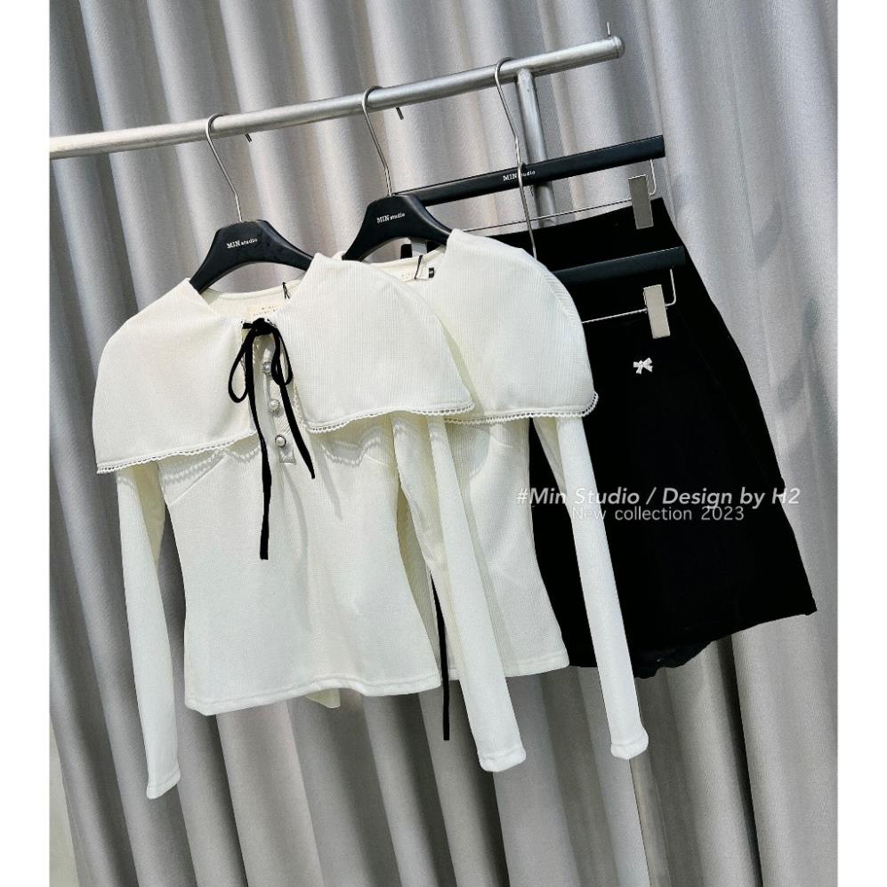 Set Váy Nữ Áo Tiểu Thư Dài Tay Đính Ngọc Gắn Nơ Đen Kèm Chân Váy Chữ A Tacta Dày Dặn