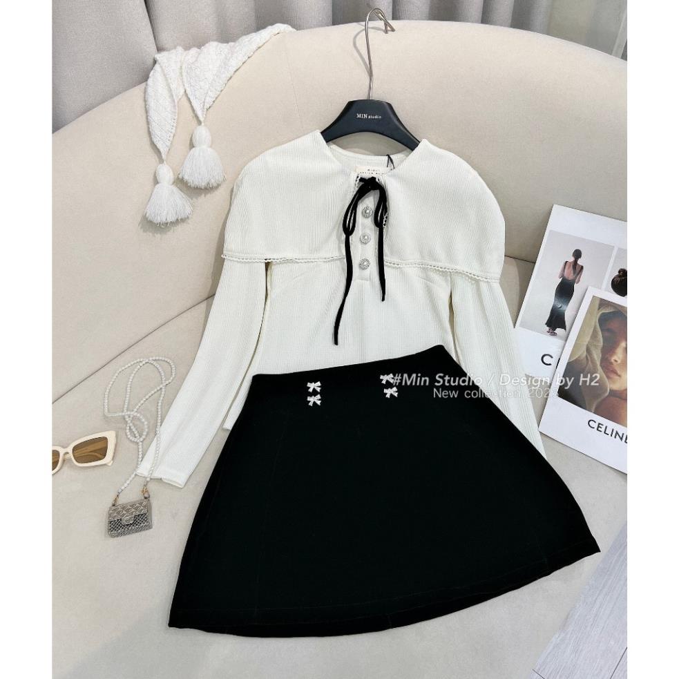 Set Váy Nữ Áo Tiểu Thư Dài Tay Đính Ngọc Gắn Nơ Đen Kèm Chân Váy Chữ A Tacta Dày Dặn