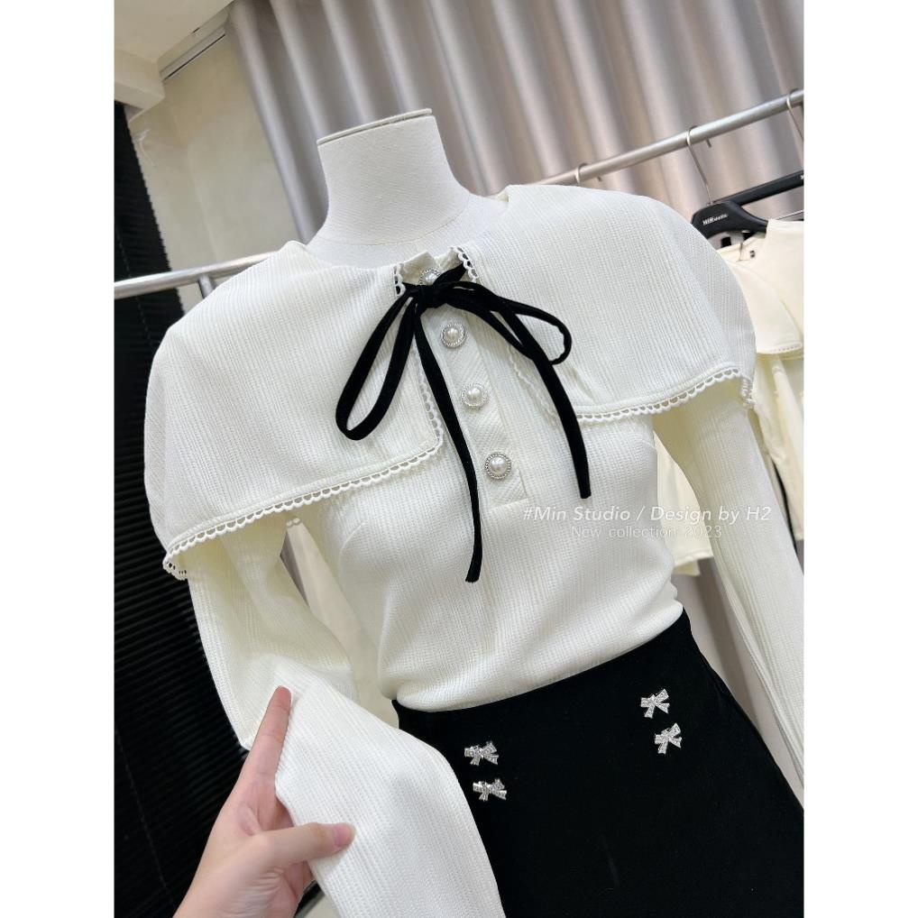 Set Váy Nữ Áo Tiểu Thư Dài Tay Đính Ngọc Gắn Nơ Đen Kèm Chân Váy Chữ A Tacta Dày Dặn