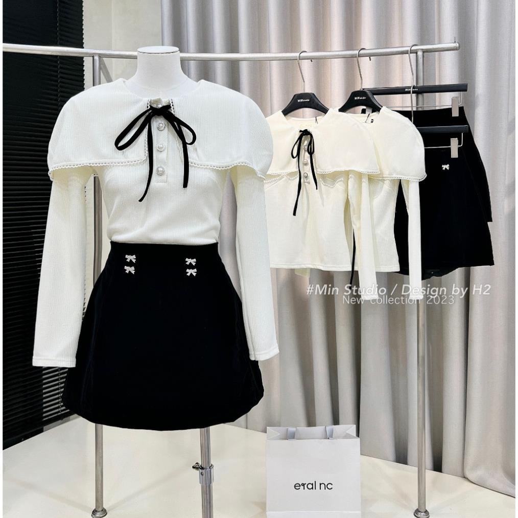 Set Váy Nữ Áo Tiểu Thư Dài Tay Đính Ngọc Gắn Nơ Đen Kèm Chân Váy Chữ A Tacta Dày Dặn