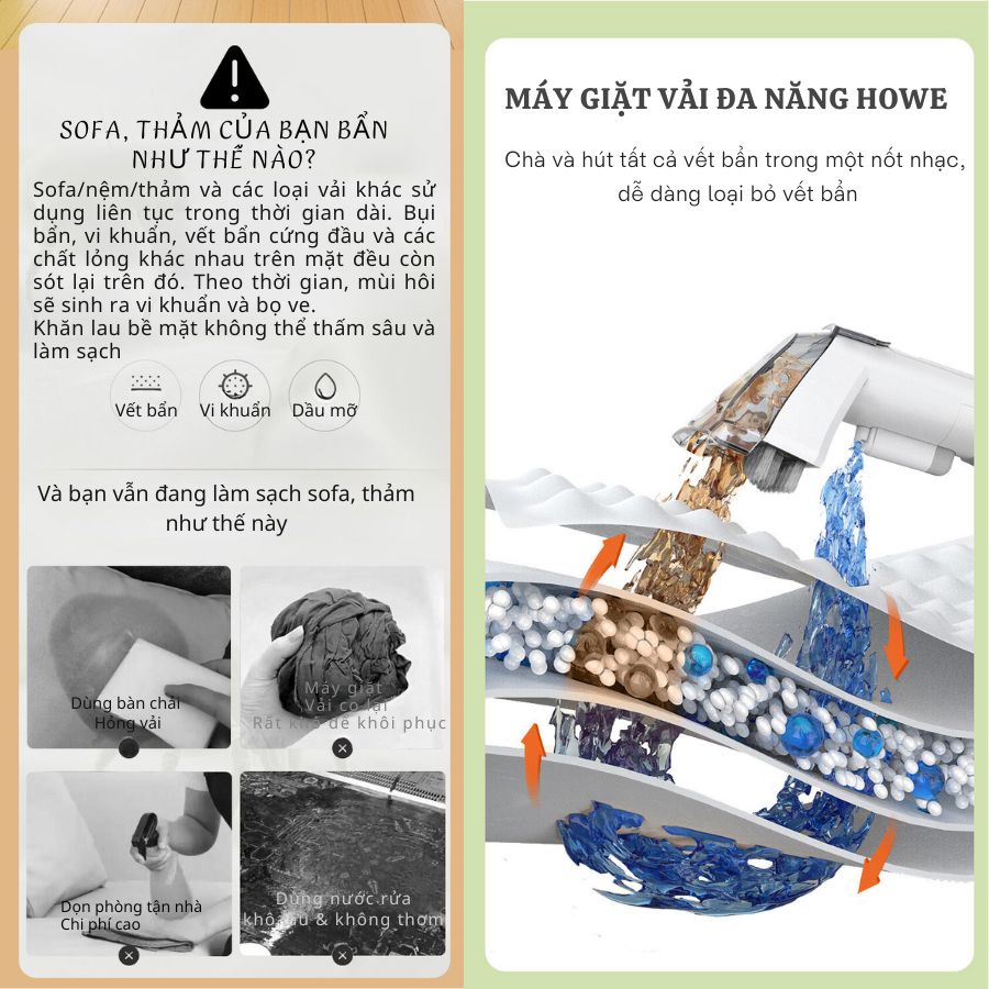 Máy giặt cầm tay đa năng sạch sâu từ bên trong, đánh bay các vết bẩn cứng đầu trên sofa, vải một cách dễ dàng