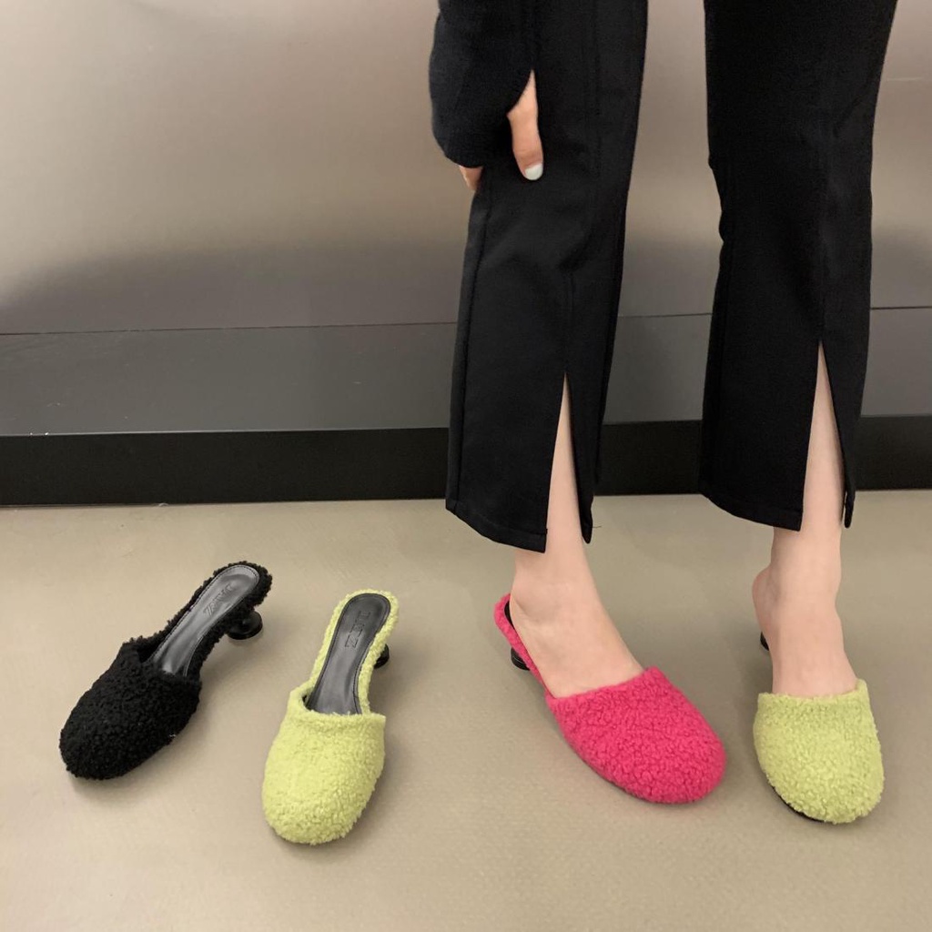 Dép Cao Gót Da Lộn Phối Lông Thời Trang Hè Thu 2023 Cho Nữ