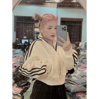 Áo Khoác Nỉ ngoại SG FASHION form lửng rộng cánh dơi tay phồng " KHÓA SẮT TAY SỌC ", Áo Khoác Lửng Nỉ Sọc Tay