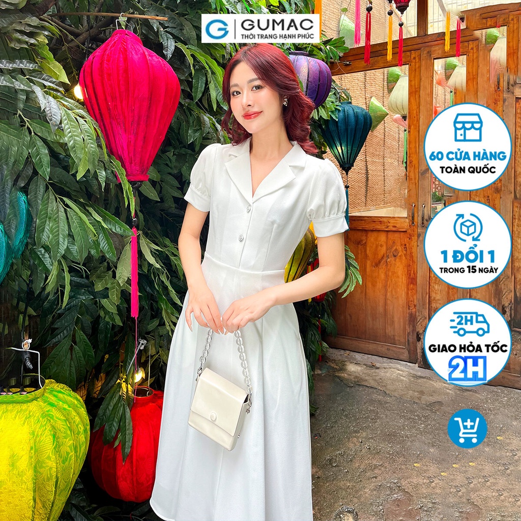 Đầm A xòe tay phồng GUMAC DD08048