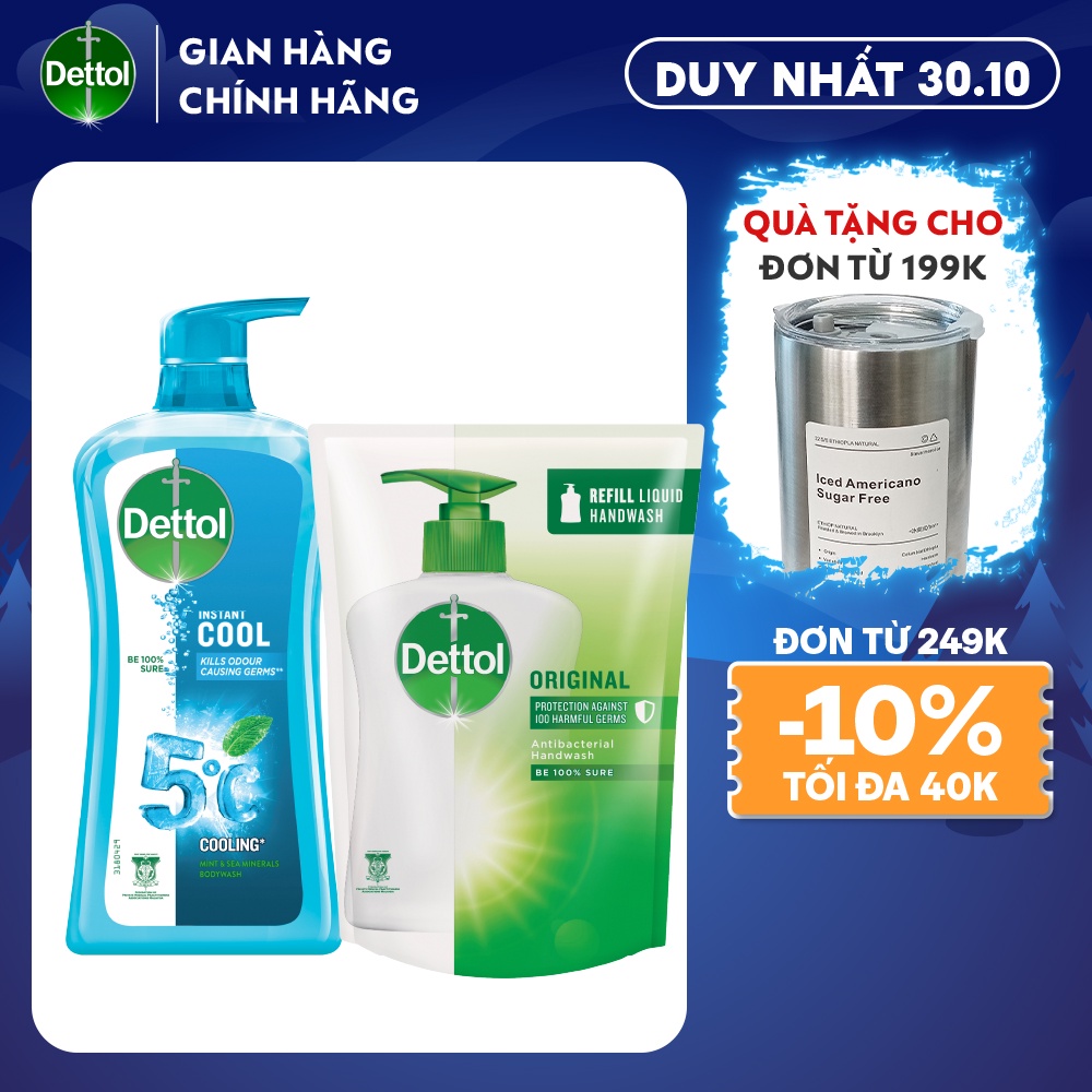 [Mã FMCGDET81 - 8% đơn 150k] (Tặng Nước rửa tay Dettol diệt khuẩn 225G) Sữa tắm Dettol mát lạnh tức thì - chai 950g