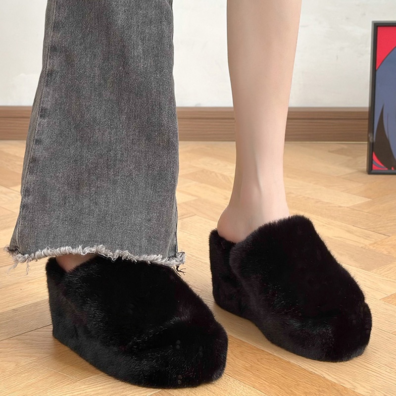 Dép Cao Gót Bít Mũi Đế Dày Bằng Vải cotton Phối Lông Thời Trang Thu Đông Hàng Mới 2023 Dành Cho Bạn Nữ